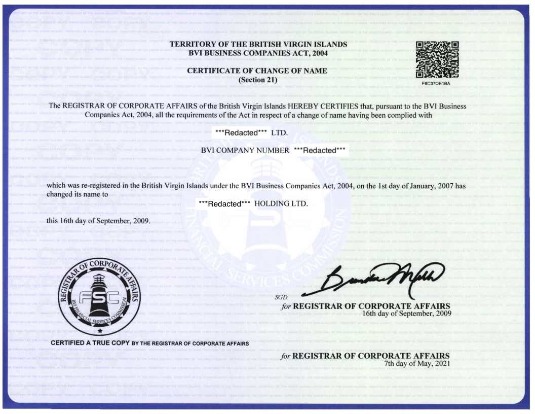 Download The British Virgin Islands  Registrar of corporate affairs name change certificate Photoshop template